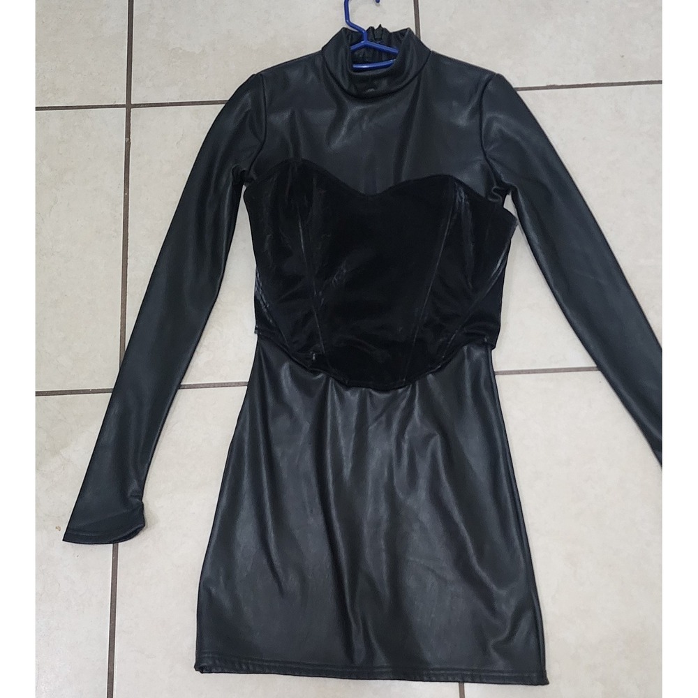 Maniere De Voir Black Vegan Leather Corset Mini Dress Long Sleeve Mock Neck 4